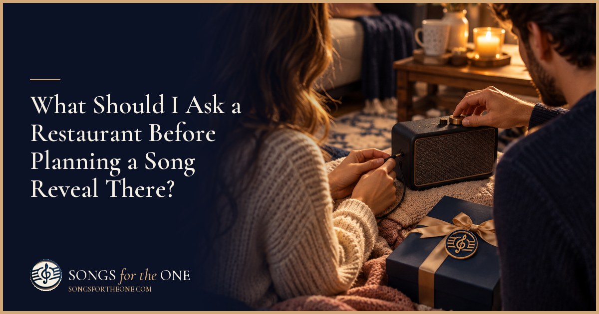 A restaurant guest quietly checks a small audio player with a manager beside a set dining table before a song reveal.
