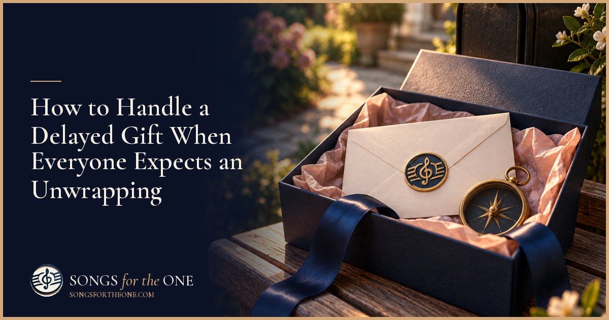 A guest hands a small wrapped envelope to a birthday recipient beside an empty cake plate and opened gifts.