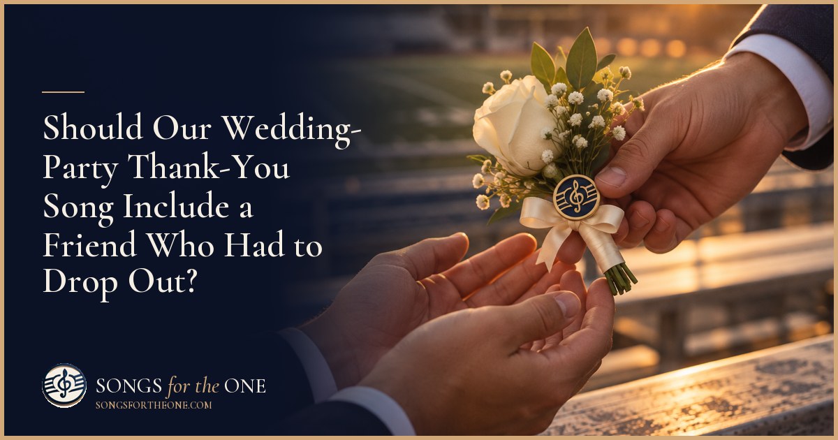 Couple preparing wedding thank-you notes beside a small stack of photographs and an extra envelope for an absent friend.