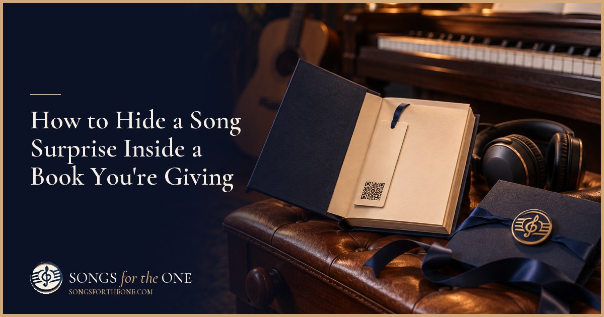 Hands slipping a loose paper bookmark and a small song surprise envelope inside a hardcover book on a wooden table