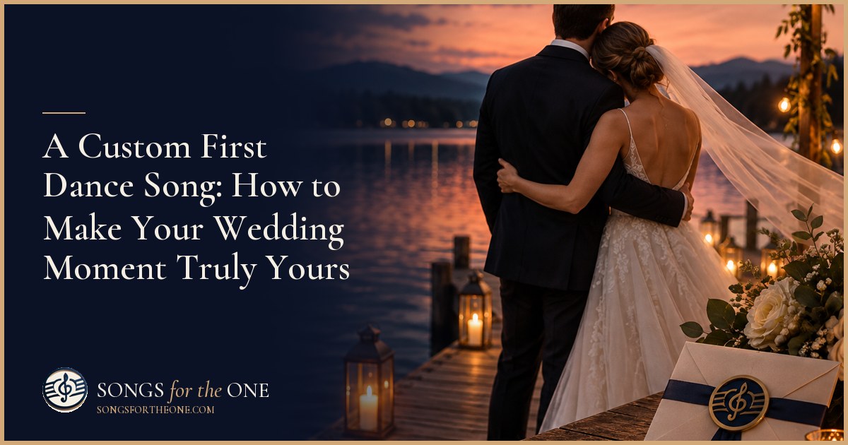 A bride and groom sharing their first dance in a candlelit reception hall