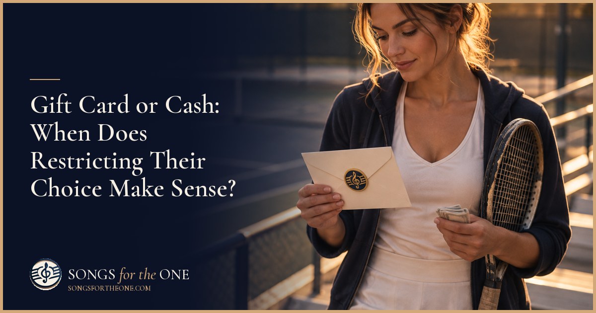 Gift giver weighing a plain store gift card against cash beside two open envelopes on a kitchen table.
