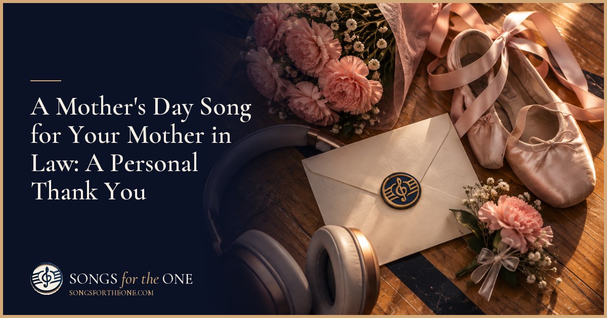 An adult daughter in law giving her mother in law headphones beside Mother's Day flowers at a kitchen table