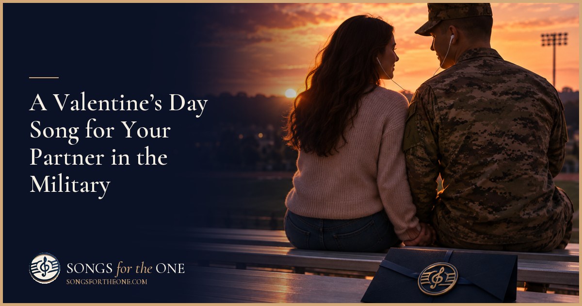 A person at a kitchen table choosing a photo of their military partner beside headphones and a small Valentine’s Day gift