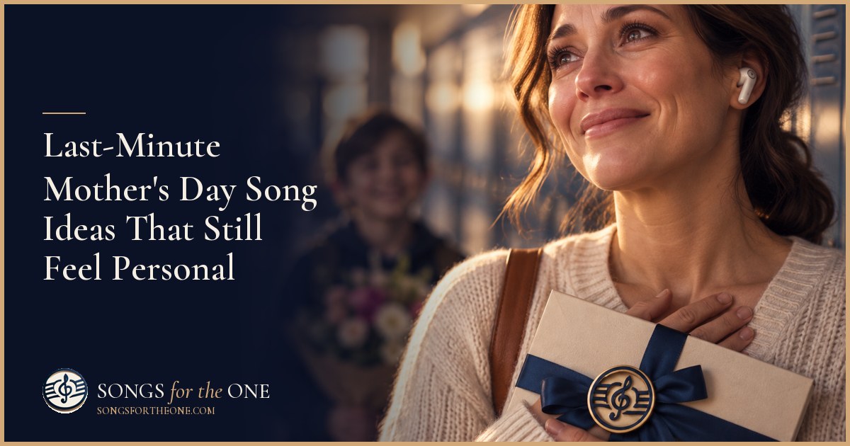 Adult daughter sitting beside her mother at a kitchen table, sharing a Mother's Day song through a small speaker